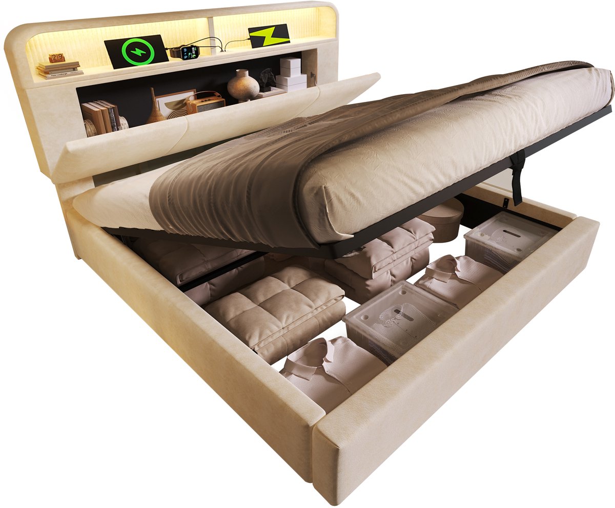Wishdor Tweepersoonsbed 180 x 200 cm – Verstelbaar Fluweel Opberghoofdbord – Verborgen LED 16 Kleuren – 3 USB-A en 1 USB-C Snellader – Hydraulisch Hefsysteem – Inclusief Lattenbodem – Geschikt voor Luxe Slaapkamer – Fluweel en Metaal – Beige