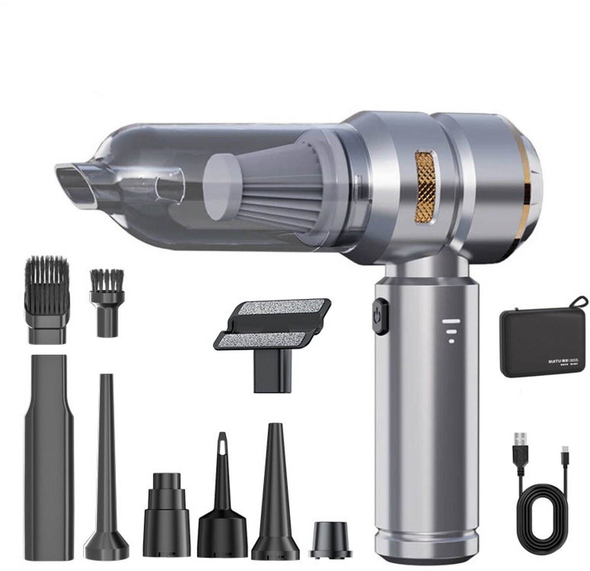 Sander Shop Mini Auto Stofzuiger,16000PA 4-in-1 snoerloze handheld stofzuiger met Brushless Motor Built-in 6000mAh batterij Type C Air Duster & Air Blower & pomp voor auto, kantoor-Zilver-goud