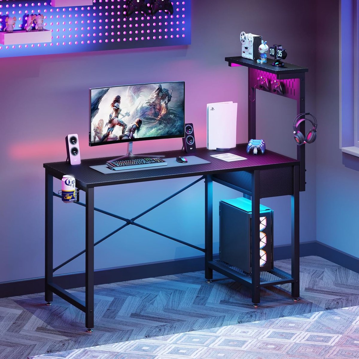 Omkeerbaar Gamingbureau met Pegboard - 47 inch Computerbureau met Houten Lade en CPU-Stand, Perfect voor PC en Laptop — cadeau in Cadeau-ideeën - foto 3