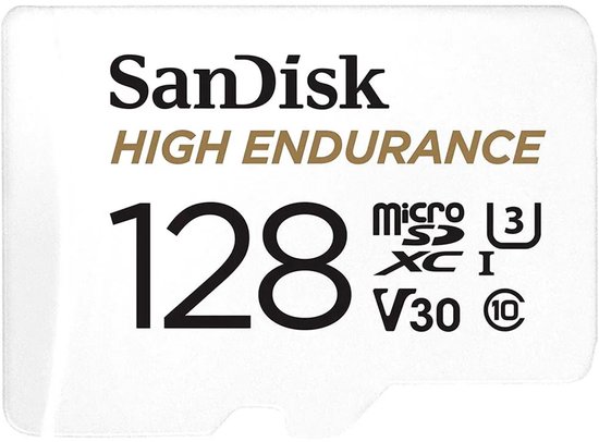 SanDisk High Endurance 128GB microSDXC kaart met V30 classificatie.