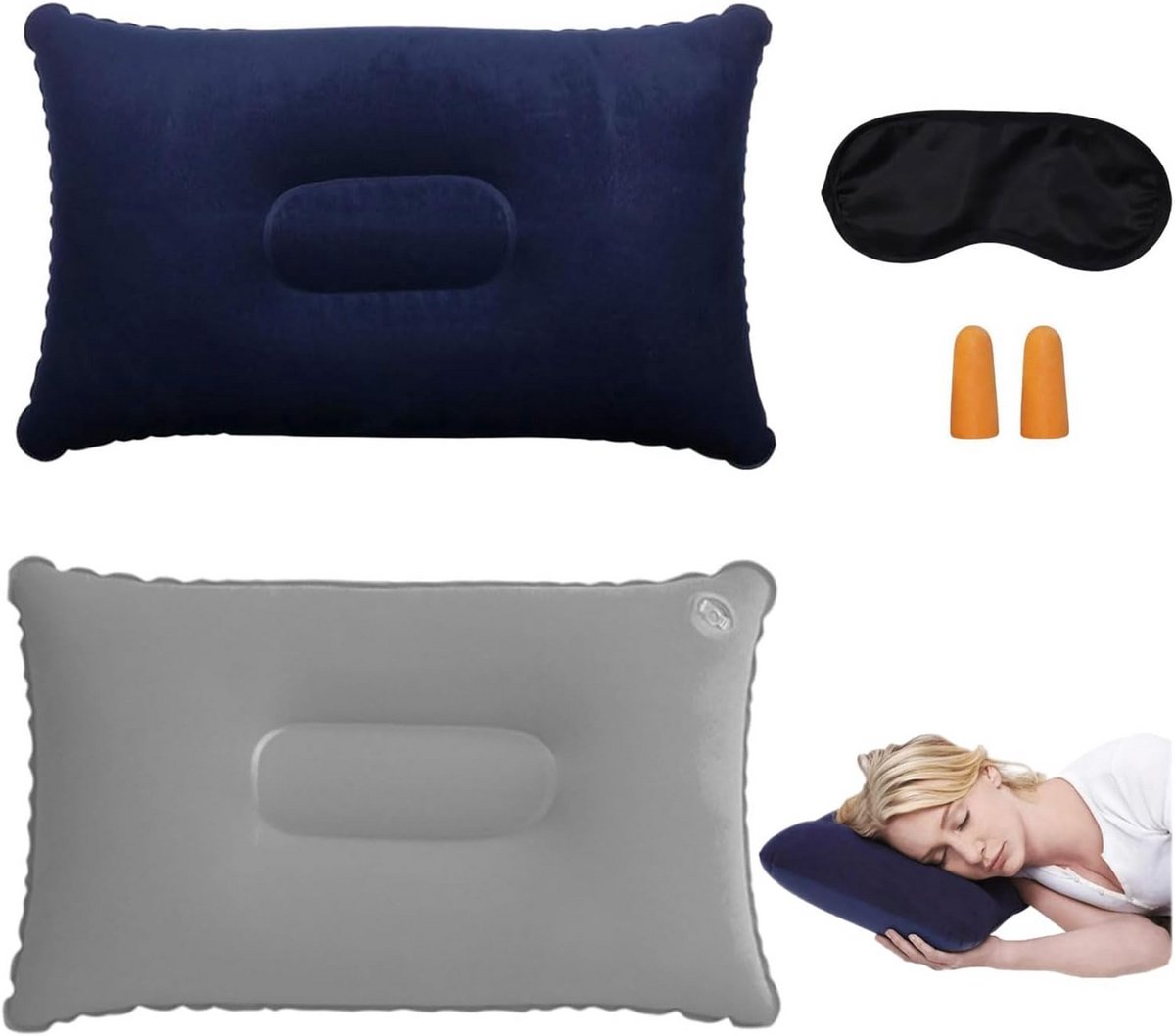 2x Opblaasbaar Campingkussen & Reiskussen - Ultralicht & Ergonomisch met Oogmasker en Oordopjes