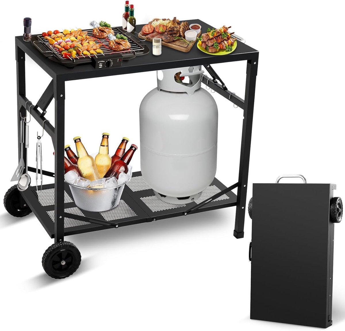Opvouwbare Grillwagen met Wielen - Draagbare Eettafel voor Buiten en Binnen, Ideaal voor Barbecue en Pizza-oven