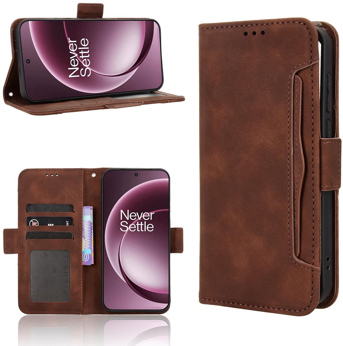 Mobigear Telefoonhoesje geschikt voor OnePlus 15 Hoesje | Mobigear Slide Wallet Bookcase Portemonnee | Pasjeshouder voor 3 Pasjes | Telefoonhoesje voor Pinpas / OV Kaart / Rijbewijs - Bruin