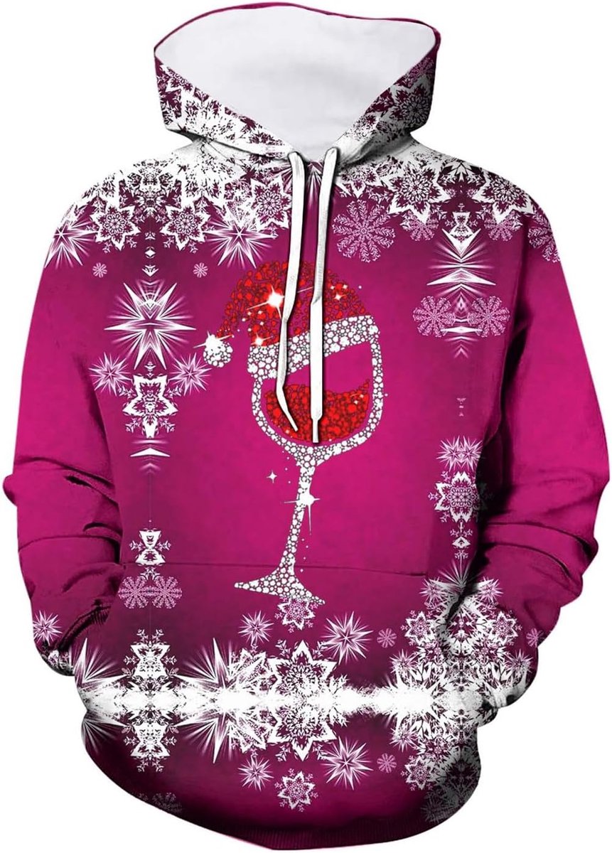 Heren kersttrui met capuchon en zak, lelijke kersttrui met rendier en wijnglazen, 3D-print sweatshirt