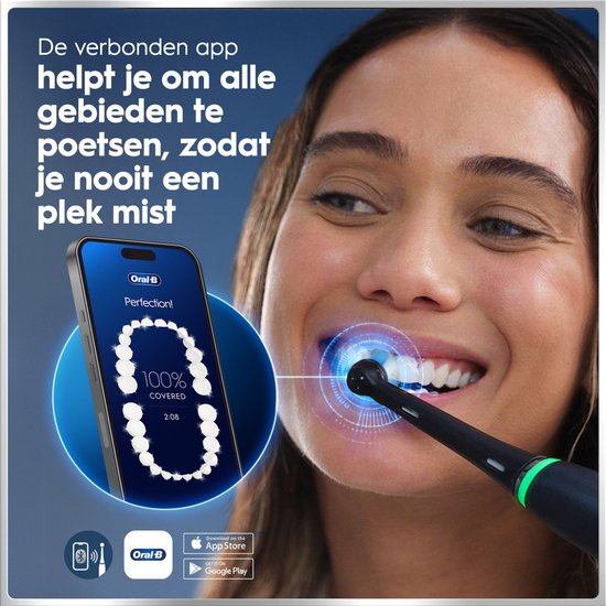 Vrouw poetst tanden; telefoon toont "100% COVERAGE" via Oral-B app; "App begeleidt je bij het poetsen".