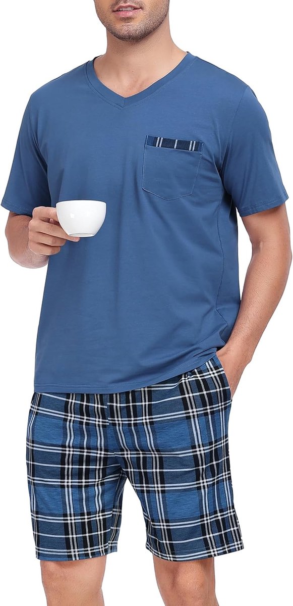 Heren Korte Mouwen Pyjama Set van Zacht Katoen met Zakjes voor Slapen en Loungewear