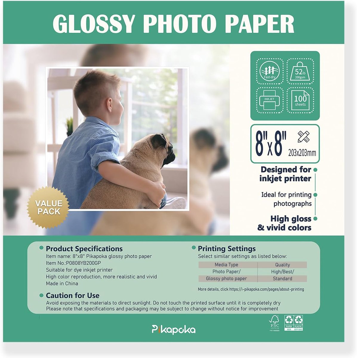 Glanzend fotopapier 50 lbs - Vierkant 200gsm, 100 PACK voor inkjetprinters