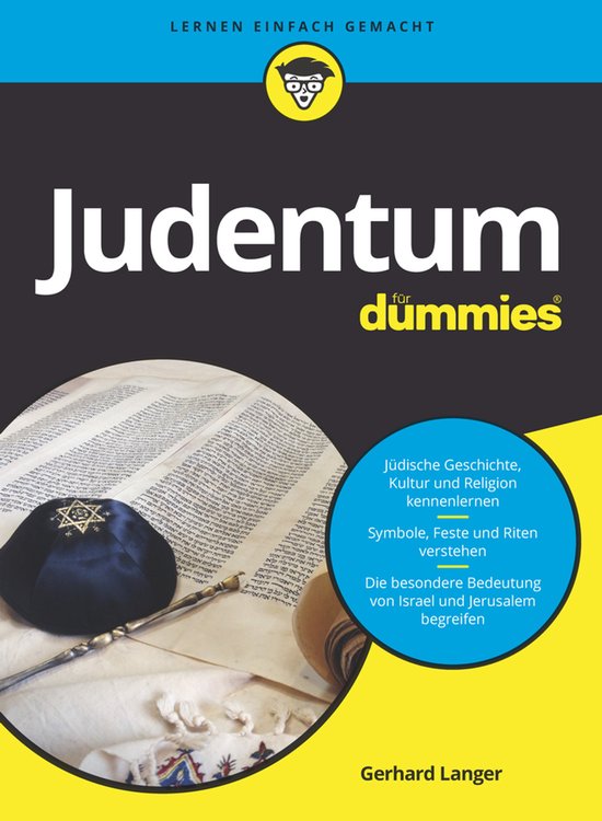 Boek "Judentum für Dummies" met een keppeltje en een Tora-rol. Leren over Joodse geschiedenis, cultuur en religie.