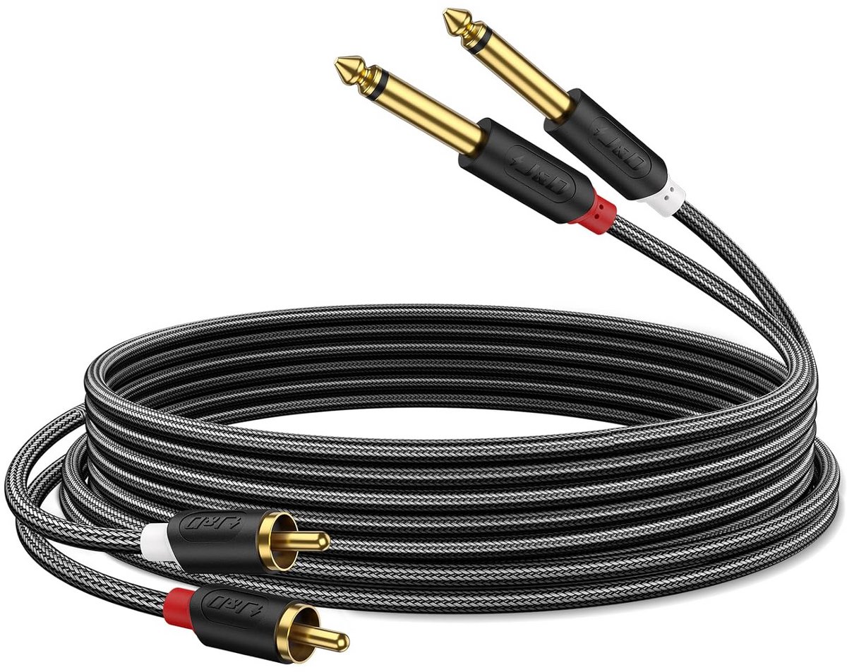 2x 6.35mm naar 2 RCA Kabel, Goud Geplateerd - Y-Splitter RCA Kabel met PVC Coating en Nylon Vlechtwerk, 0.9m