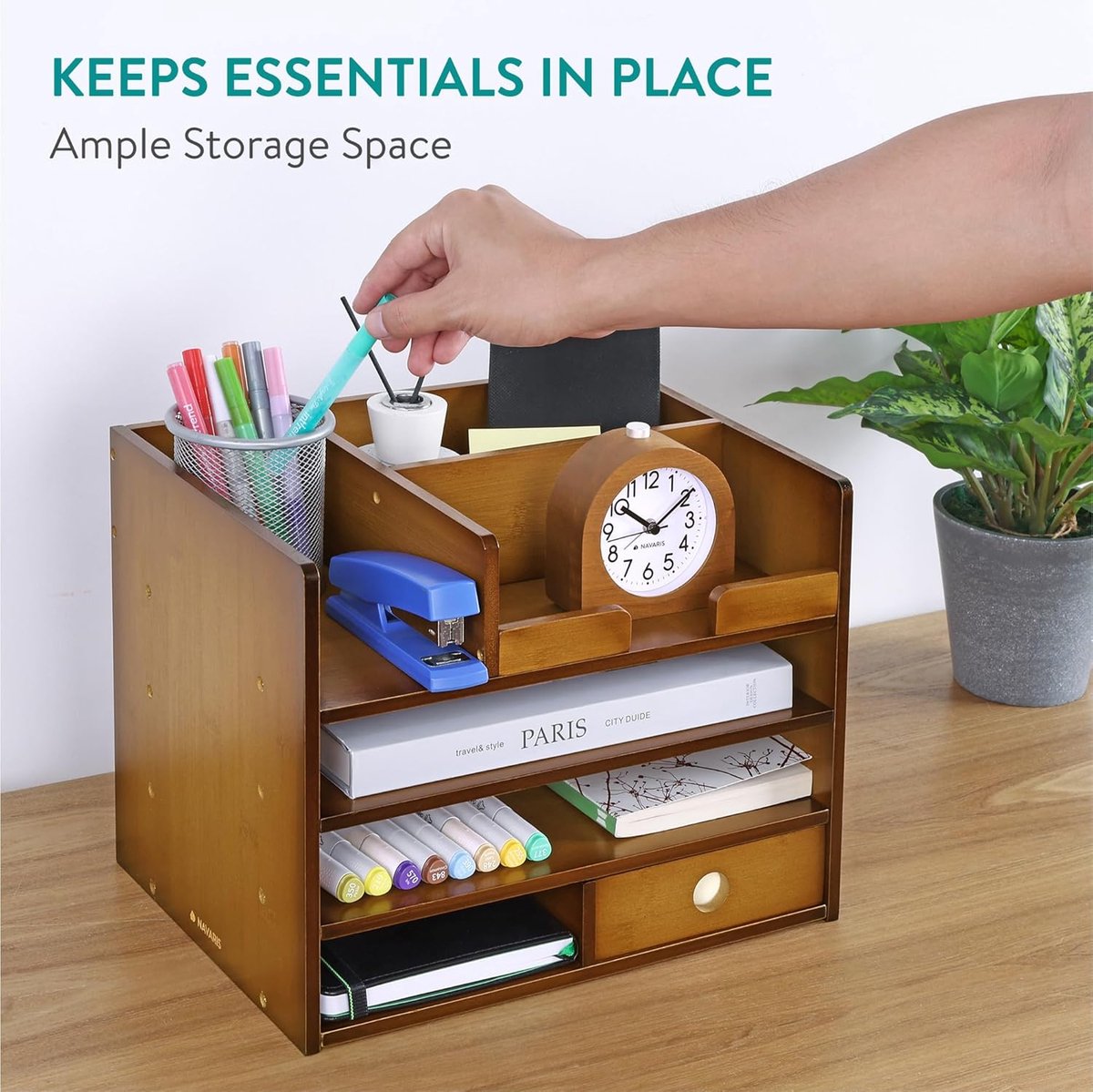 Bamboe Houten Bureau Organizer - Bureau Kast 33 x 24 x 26 cm - Voor Kantoorbenodigdheden en Brieven - Donkerbruin — cadeau in Wonen & Interieur - foto 3