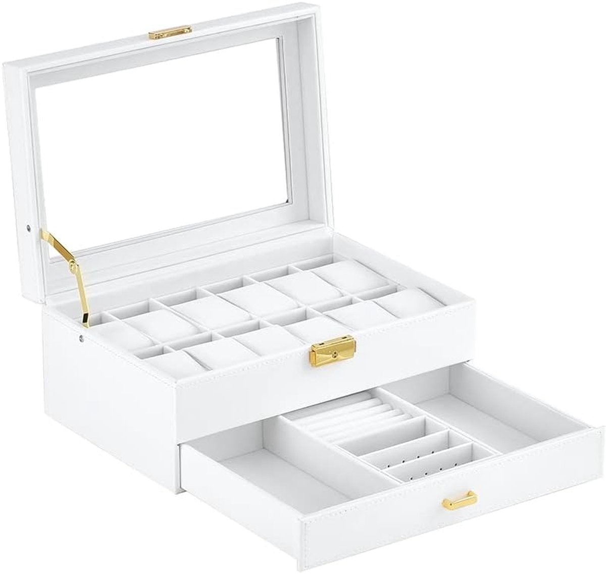 Luxe Horlogedoos met 12 Vakken en Glazen Display - Presentatie-Organizer voor Horloges en Sieraden