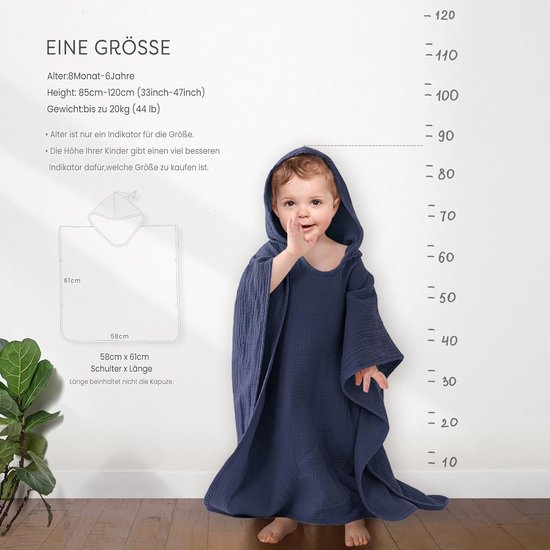 Badponcho voor Kinderen - Capuchonhanddoek van 100% Mousseline Katoen - 60 x 60 cm - Blauw — afbeelding 3