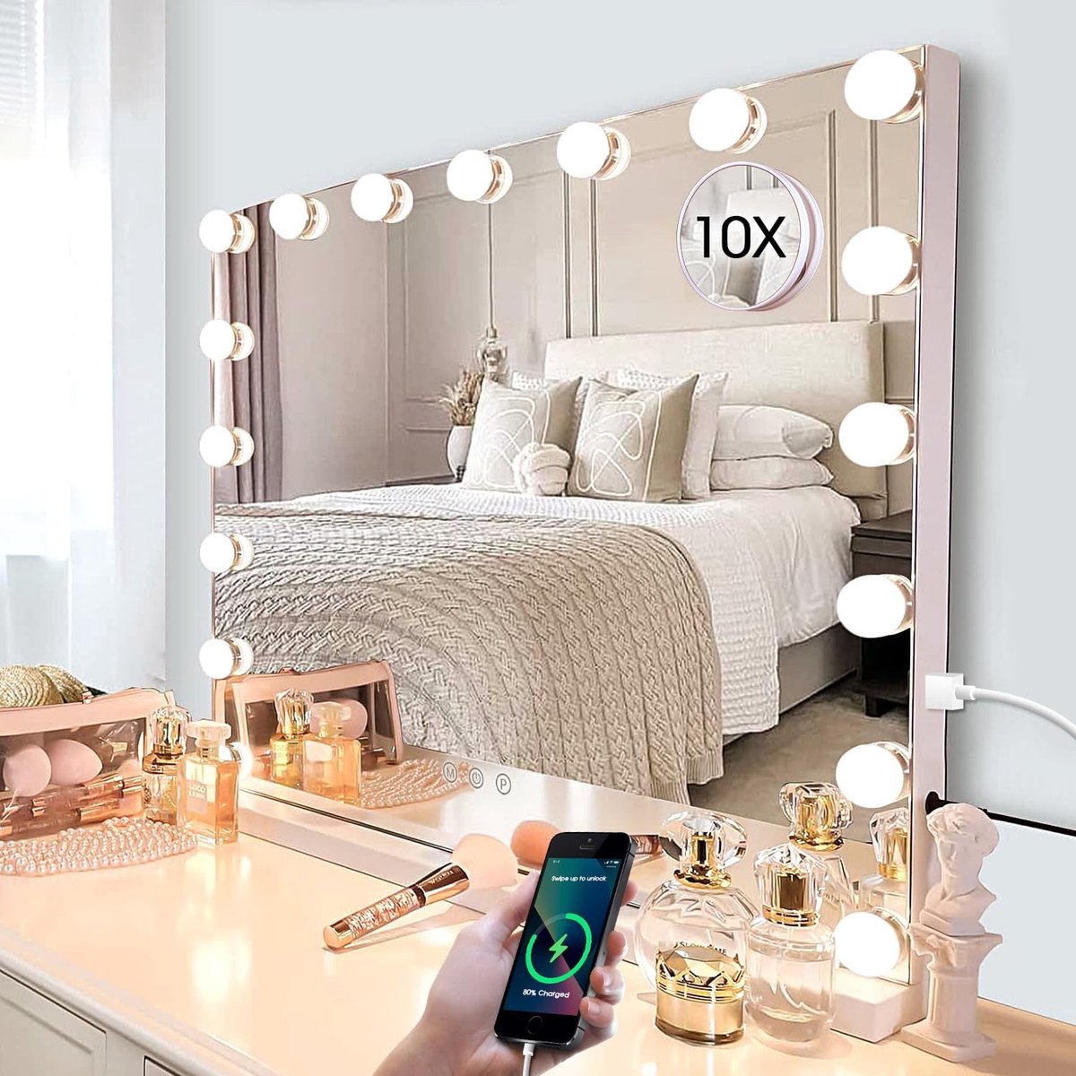 Grote Hollywood Make-upspiegel met Dimbare LEDs en USB-oplaadpoort
