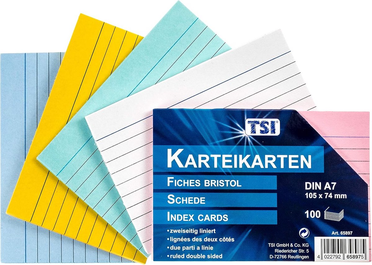 Kleur gesorteerde indexkaarten DIN A7 - Gelinieerd pak van 100