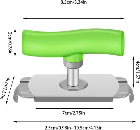 Groene potopener met zilverkleurig verstelmechanisme en zilverkleurige grijpers. Afmetingen aangegeven.