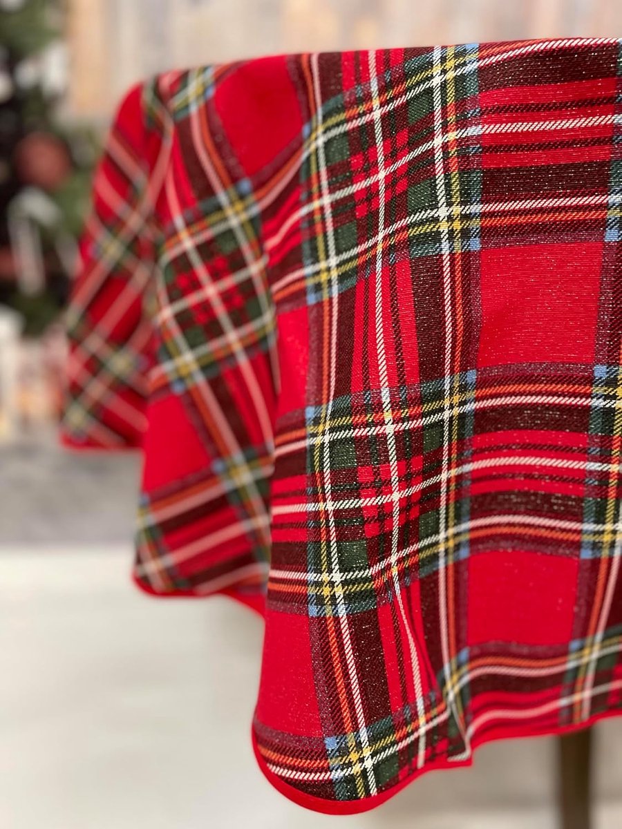 Rond Kerst Tafelkleed Tartan Rood met Glitter Effect - 180 cm Diameter