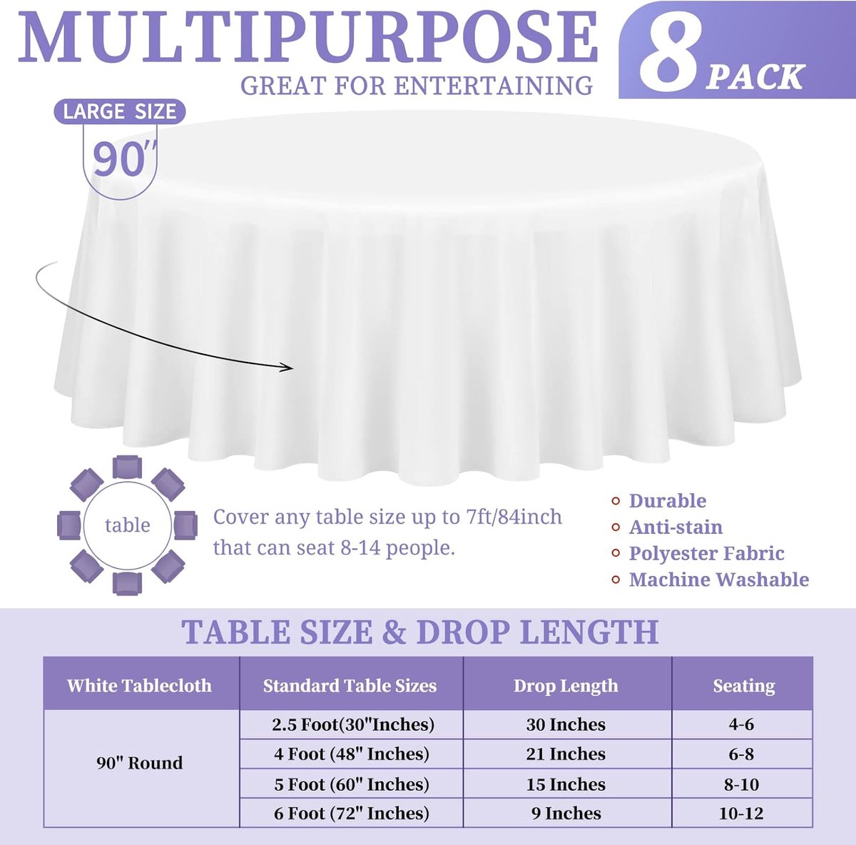 8 Stuks Ronde Tafelkleden Wit Polyester 229 cm Wasbaar voor Feest en Diner
