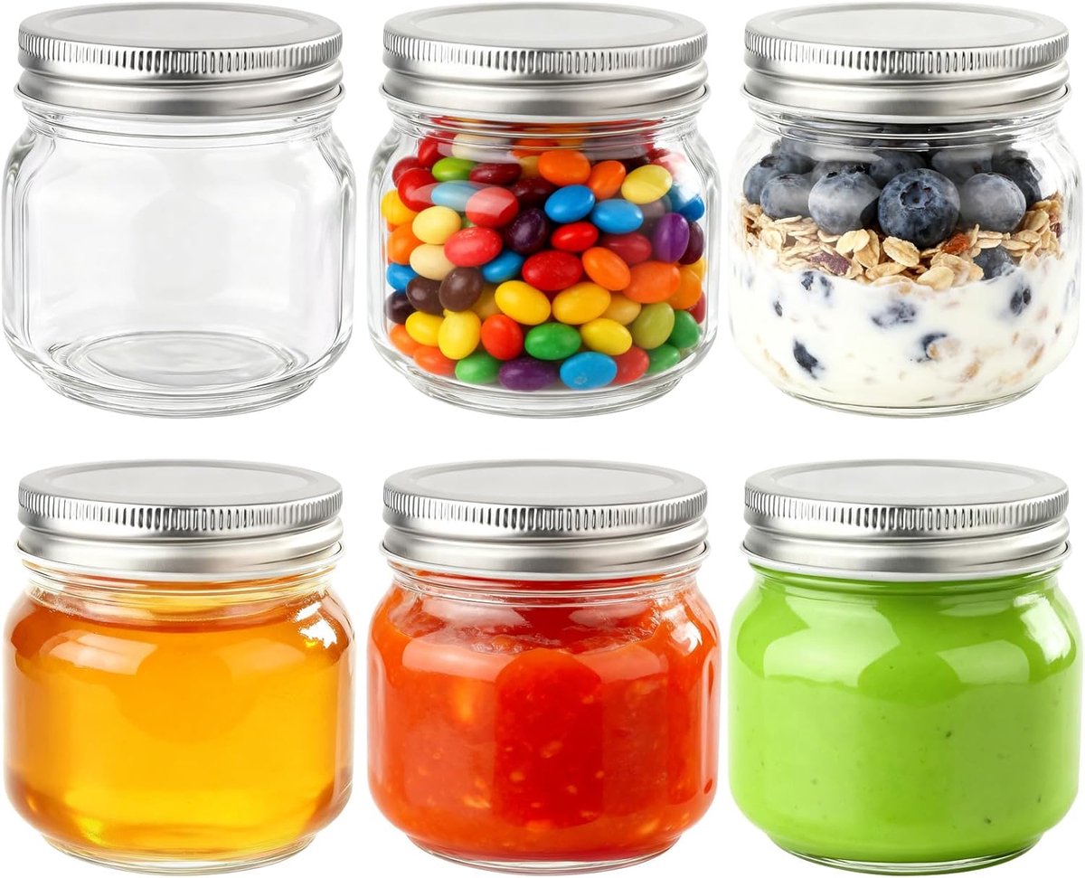 Set van 6 Glas Potten met Deksel 250 ml Luchtdicht voor Bewaren en Inmaken