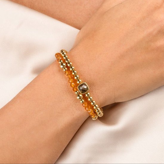 My Bendel - Bracelet Élastique de Perles avec Cristal Carré - Ambre & Couleur Or - avec Emballage Cadeau Luxe | Bijoux Pour Dames | Taille unique