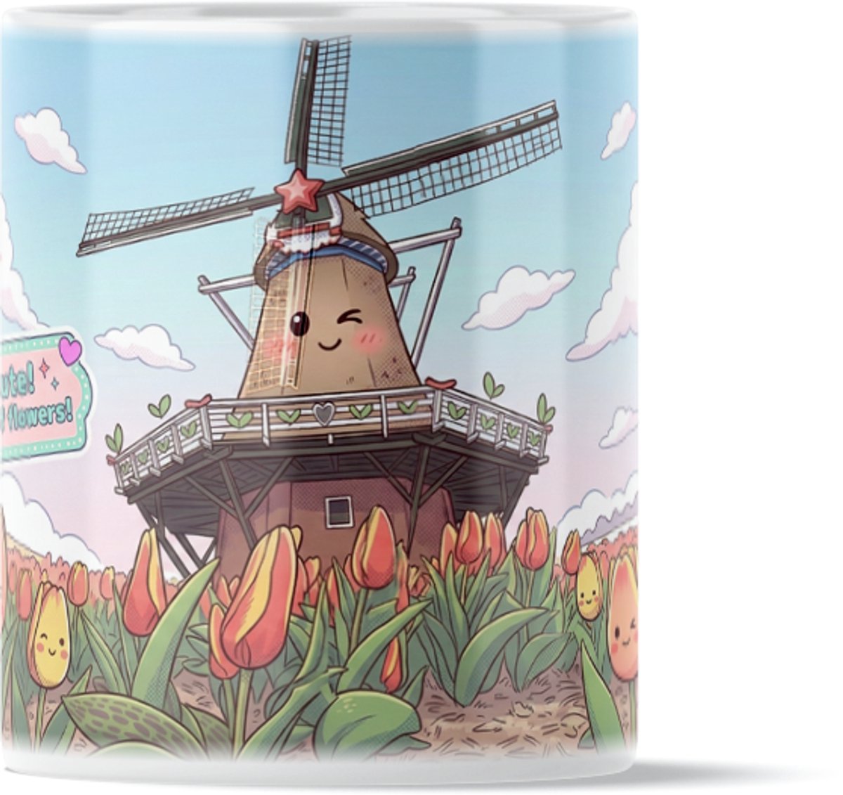 Schattige Mok met Nederlandse Molen & Lieve Lachende Tulpen - Kawaii Series Holland - Vrolijke Bloemenzee in Anime Stijl Beker - Perfect Cadeau voor haar: Kind, Vrouw, Vriendin of Collega - Japanse Manga Esthetiek - Lente Souvenir met Roze Wolken