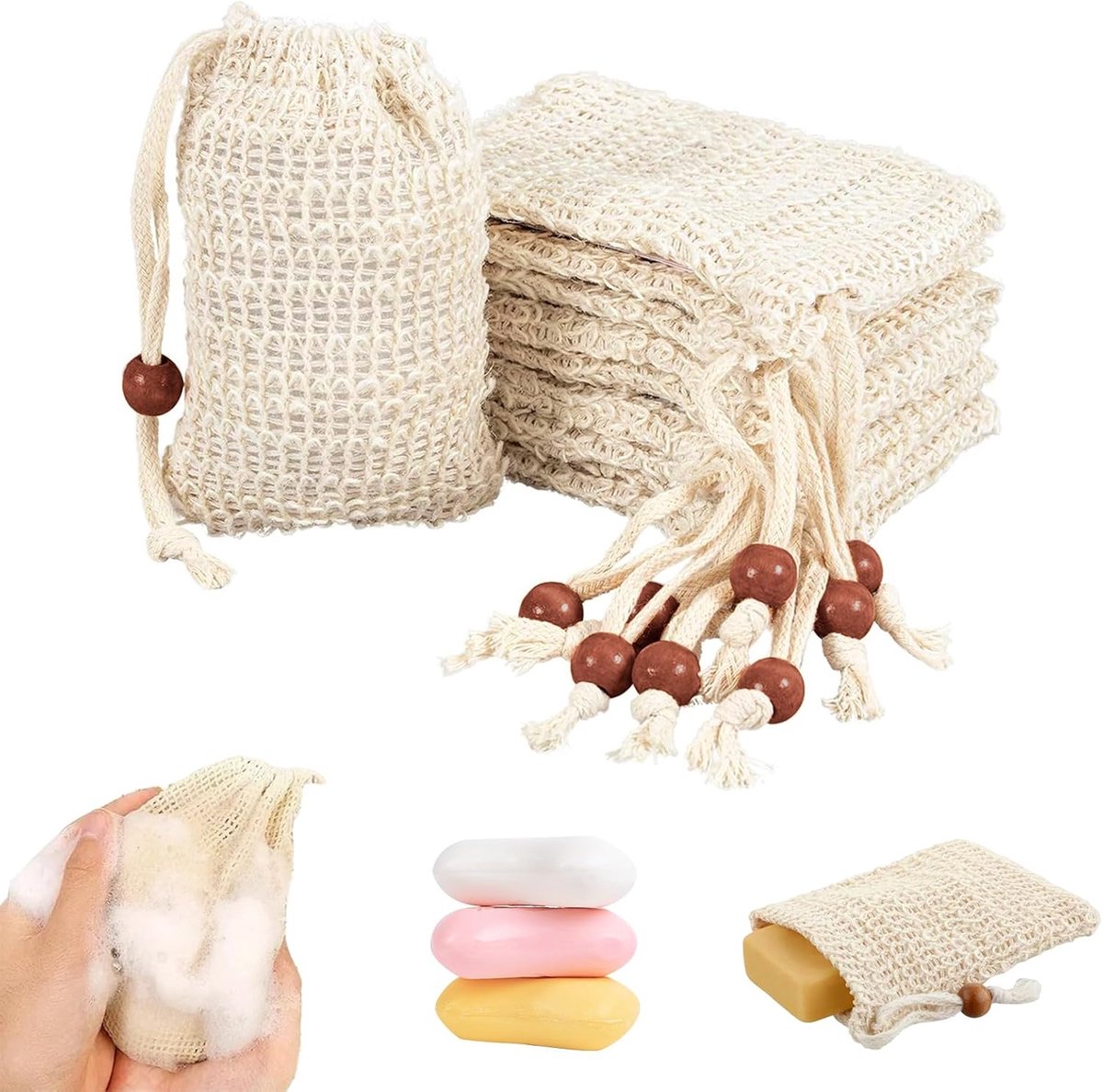 Zeepzakjes Biologisch Katoen - Vaste Zeep Houder - Douchen en Peelen - Rijk Schuim Effect - 10 Stuks 14x9cm