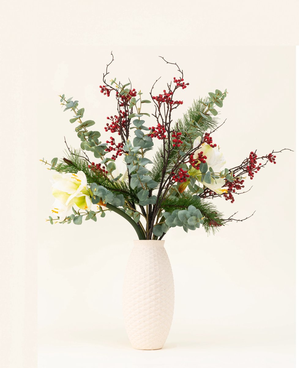 Easyplants | Zijden kunstbloemen boeket Midwinter Dream | Zijde | Nepbloemen | Groen, Rood, Wit | Onderhoudsvrij | Kant-en-klaar