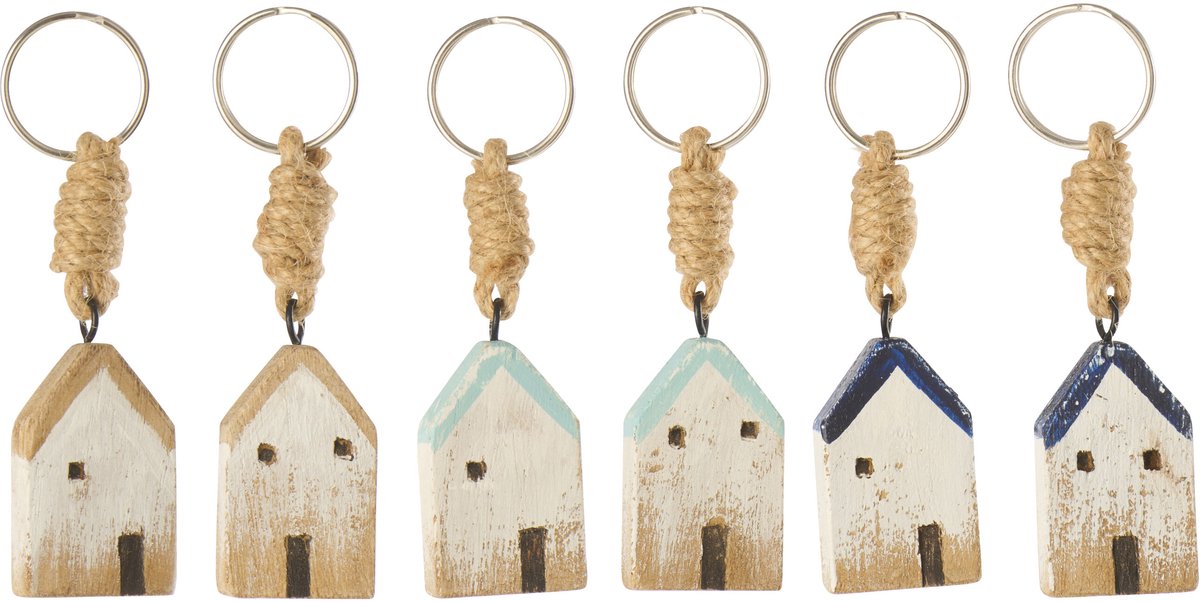 J-Line sleutelhanger Huis - hout - mix - 6 stuks