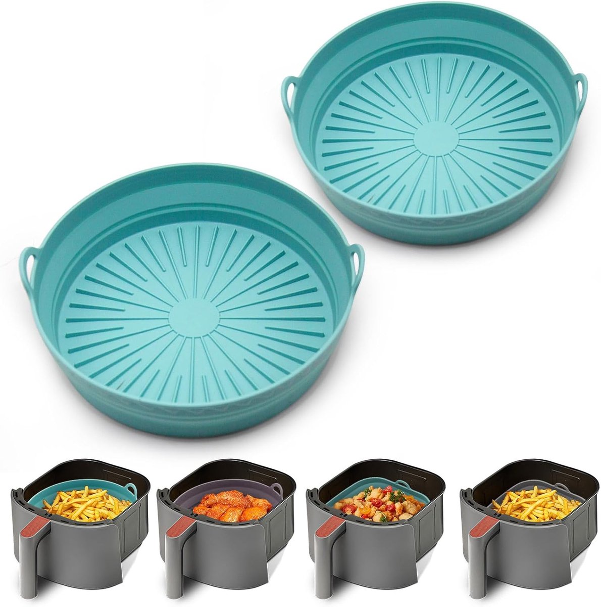 2 Stuks Rond - Blauwe Siliconen Air Fryer Liners - 8 Inch - Herbruikbaar En Gemakkelijk Te Reinigen - Voor 5,8 - 8 Qt Air Fryers En Ovens - Airfryer Accessoires Complete Set