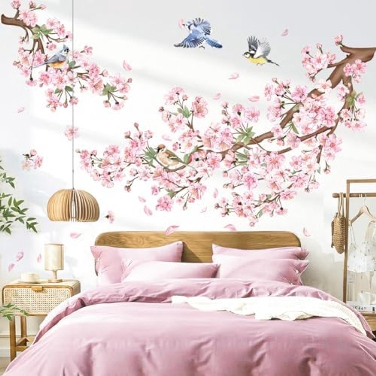 PromoHome Kersenbloesem Muursticker - Roze Bloemen en Vogels
