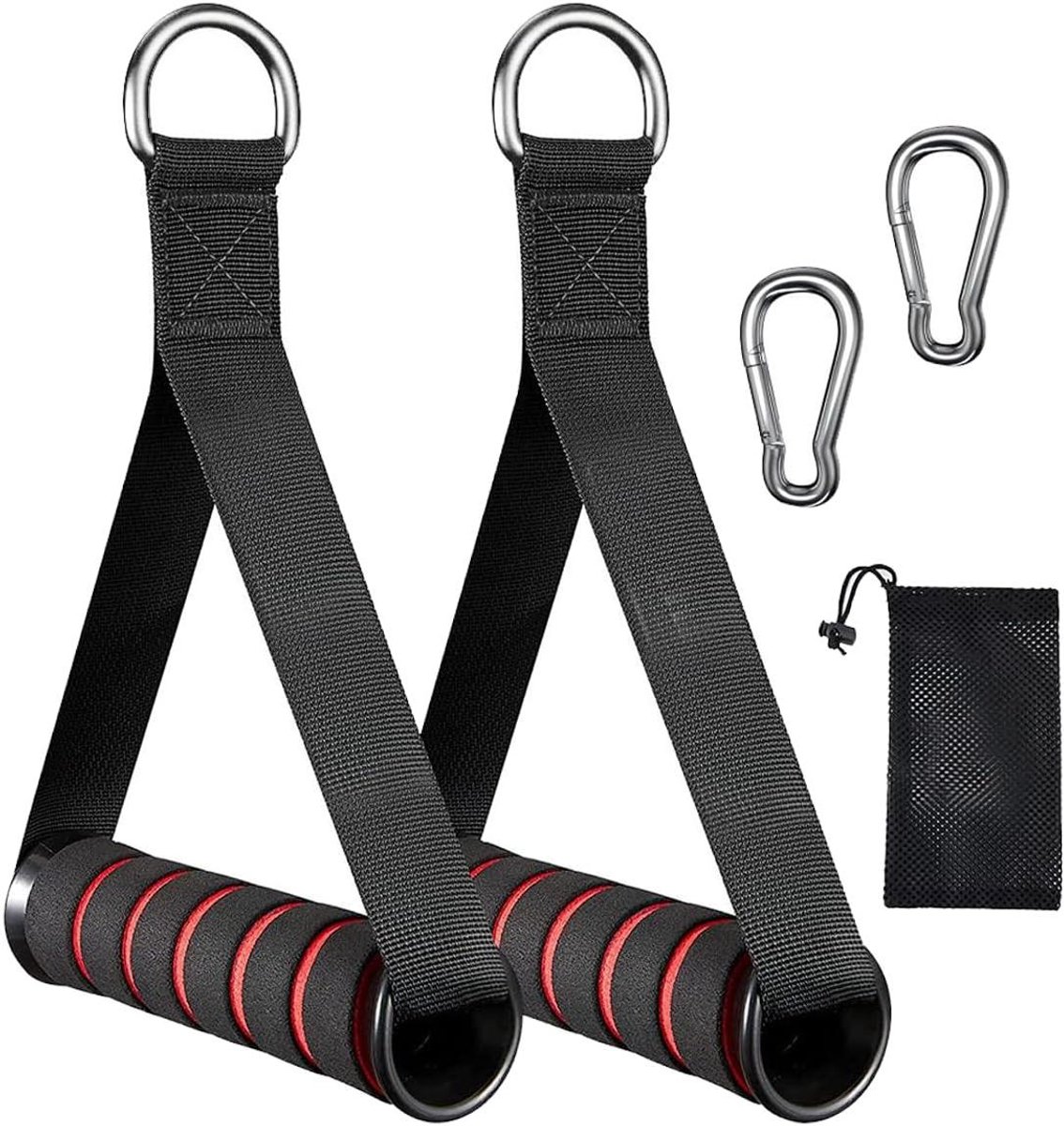 Set van 2 eenhandsgrepen - Rood - Fitness accessoires met kabeltrek - Weerstandsbanden - Gym handvatten met haken