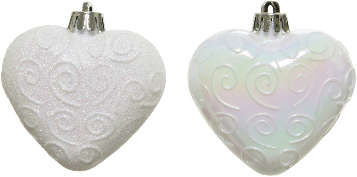 KAEMING B.V. - 6 kerstboomhangers witte harten 6 cm met iriserende glitters