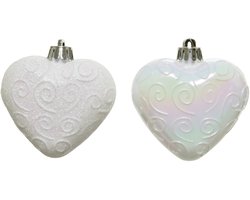 KAEMING B.V. - 6 kerstboomhangers witte harten 6 cm met iriserende glitters