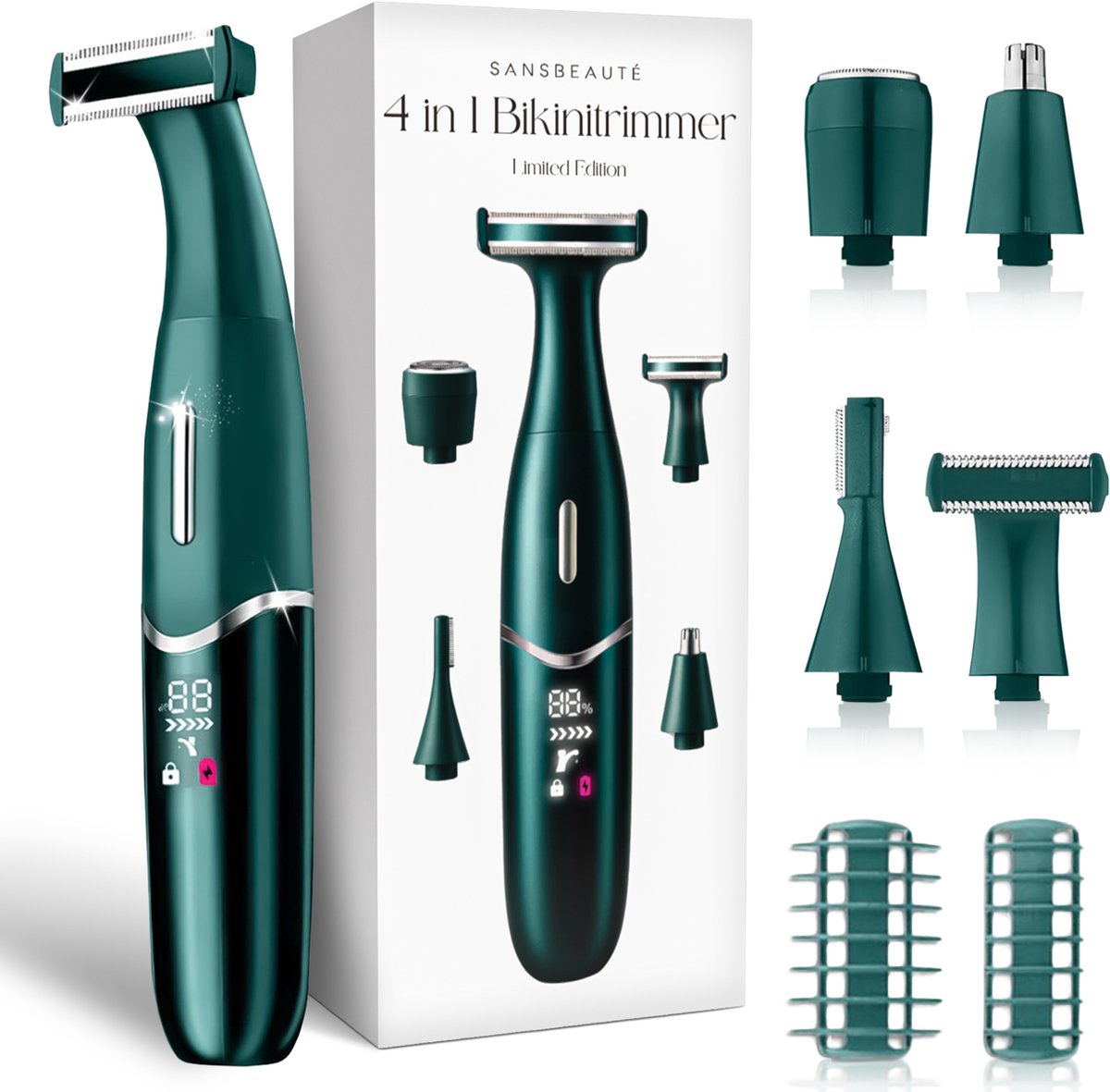 Bol.com 4-in-1 Bikinitrimmer + Travel Bag - Sansbeauté® - Gezicht - Oksels - Benen - Bikinilijn - Wenkbrauw Trimmer - Gezichtson... aanbieding