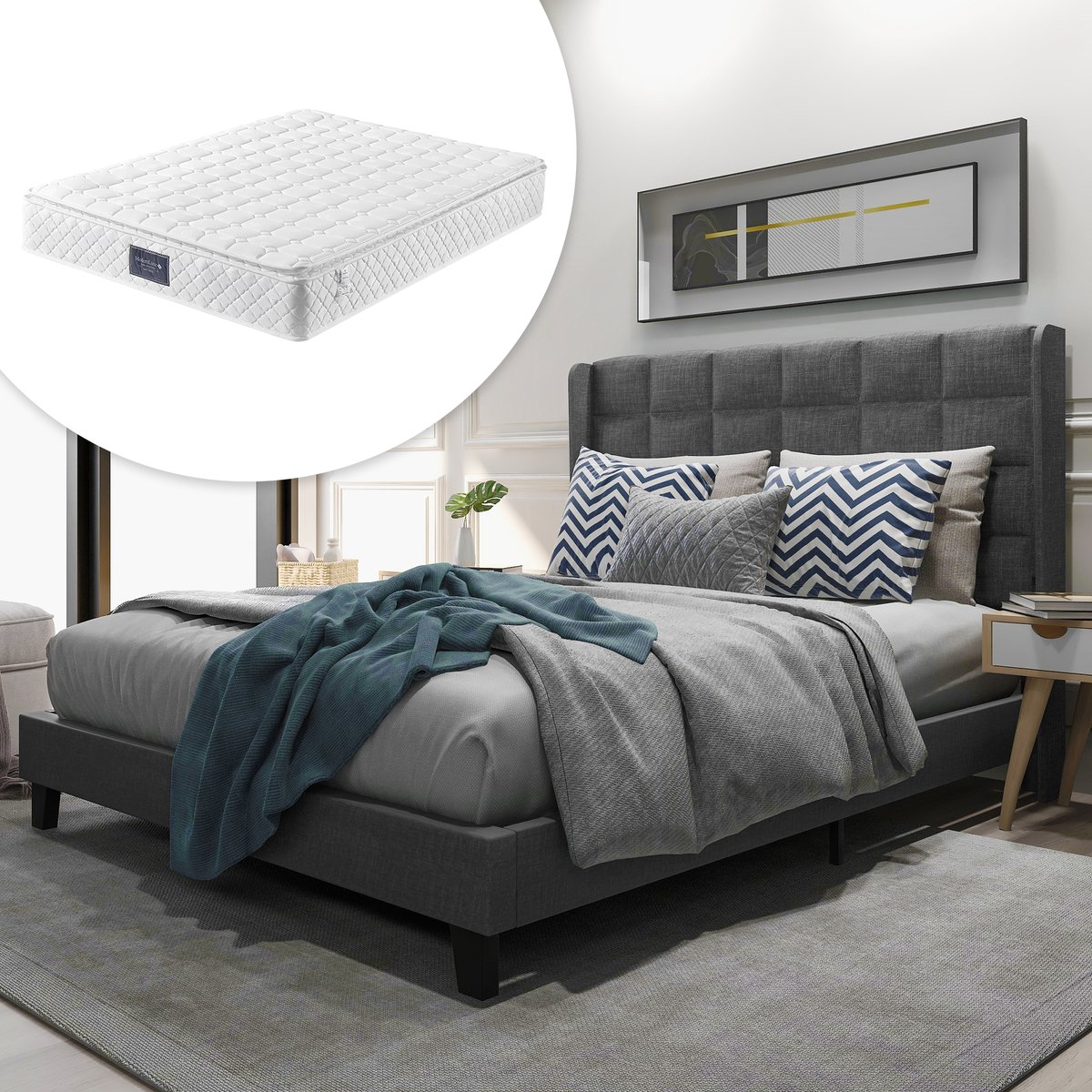 MIVRAY Gestoffeerd Bed 140x200 Cm - Met Lattenbodem En Hoog Hoofdbord - Met Pocketveringmatras - Linnen - Grijs - Met Matras