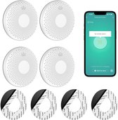 Vier witte, dunne rookmelders en een smartphone met de Tuya Smart app, die "Geen rookalarm" aangeeft.