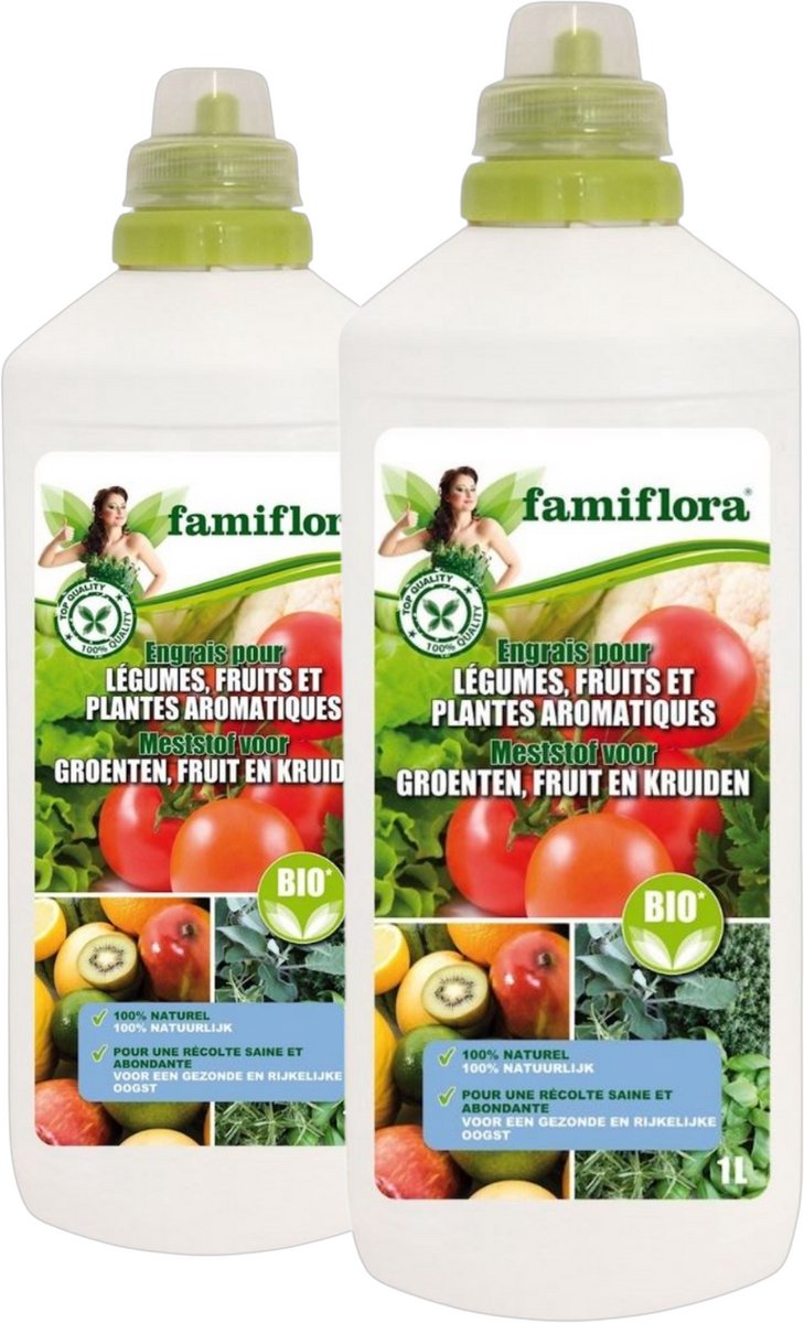 Famiflora Meststof voor Groenten, Fruit en Kruiden 2L (2 x 1L) - Smakelijke en gezonde oogst die je trots maakt - Verhoogt opbrengst zodat je meer lekkers oogst