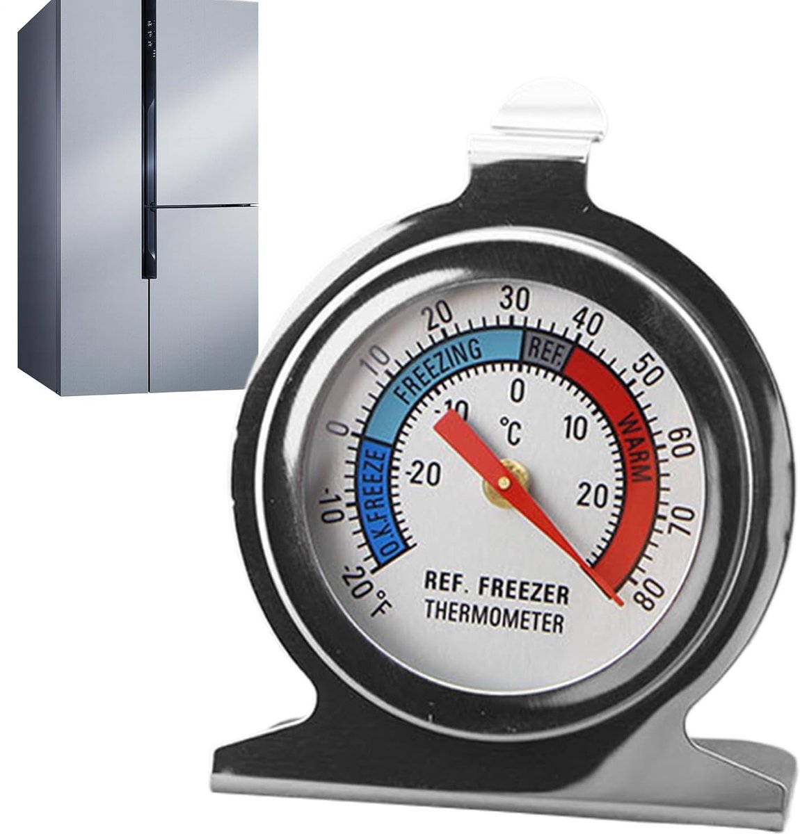 Koelkast Thermometer - Temperatuurmeter Keuken - Nauwkeurig Meten - Staande Wijzerplaat - 12 cm - Zilverkleurig