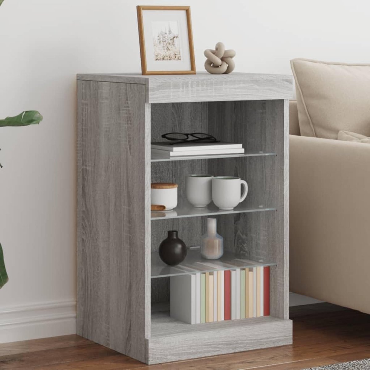 Dressoir met LED - Opbergkast Buffet - Woonkamer Inrichting - Verstelbare Kleurverlichting - 41x37x67 cm - Grijs Sonoma