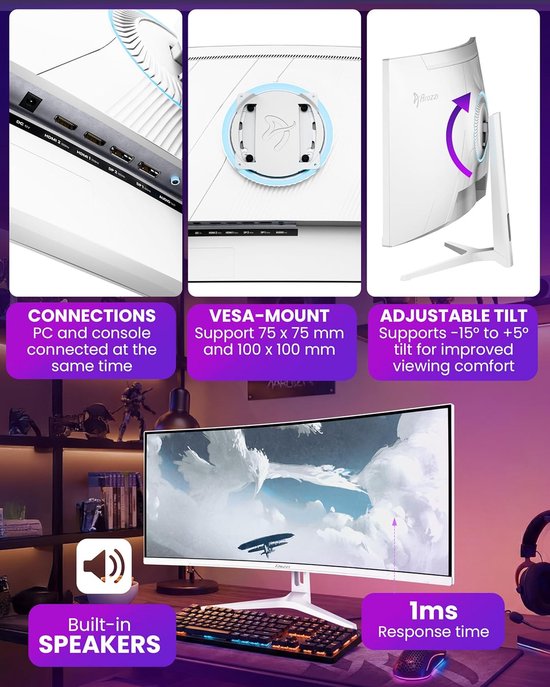 Curved Gaming Monitor - Ultrawide Scherm - Intensief Gamers - 165Hz Verversingssnelheid - 34 Inch UWQHD - Wit — afbeelding 4