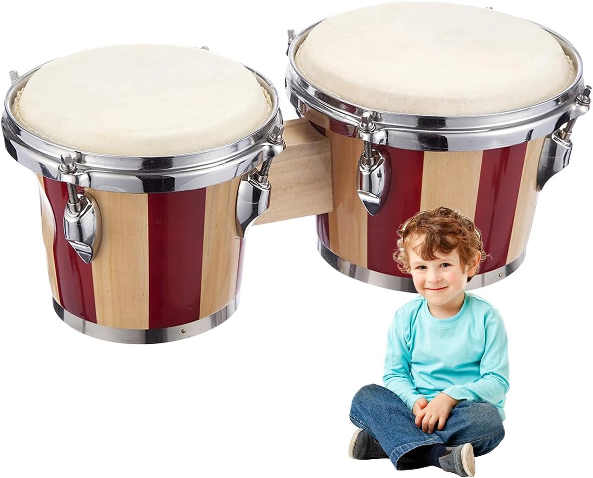 Houten Bongo's - Percussie Instrument - Muziek Maken - Twee Maten - 6 en 7 Inch - Rood en Wit