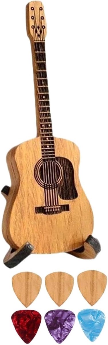 Houten Gitaar Plectrum Houder - Pick Case - Muziek Opslag - Mini Gitaar Vorm - 12 x 4.5 cm