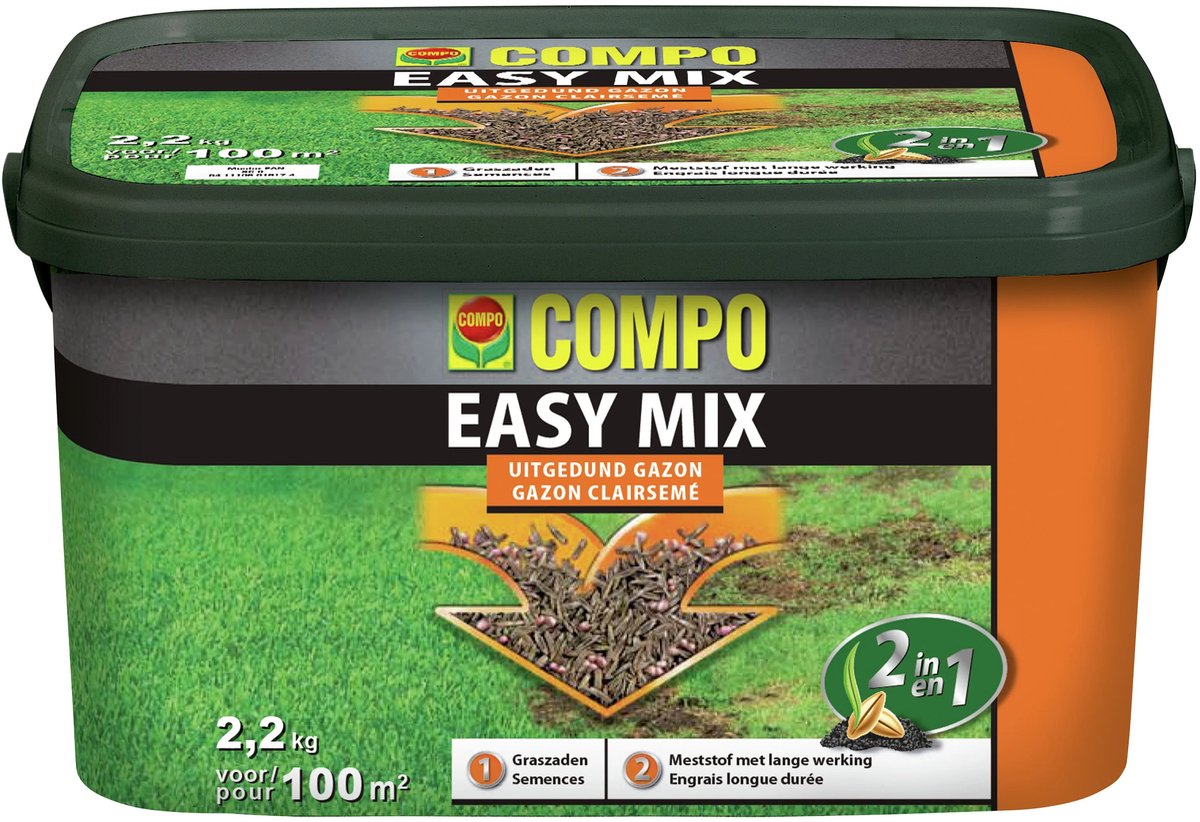 COMPO Easy Mix - 2 in 1 : zaaien en bemesten - voor herstel van uitgedunde gazons - emmer 2,2 kg (100 m²)