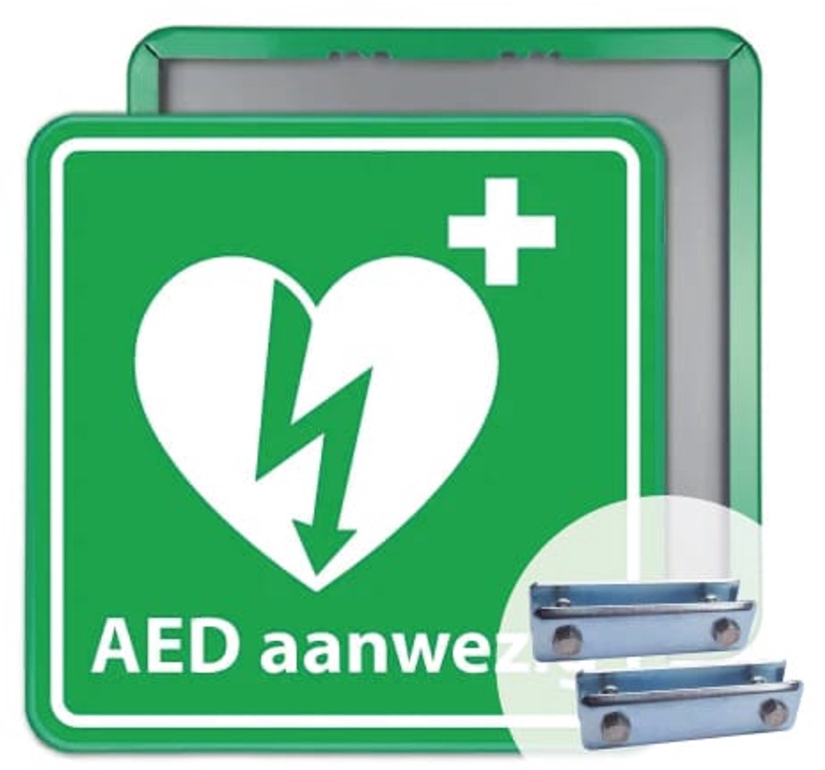 AED bord 40x40 cm - Bevestiging: Met hekbeugels (voor spijlen- of gaashek)