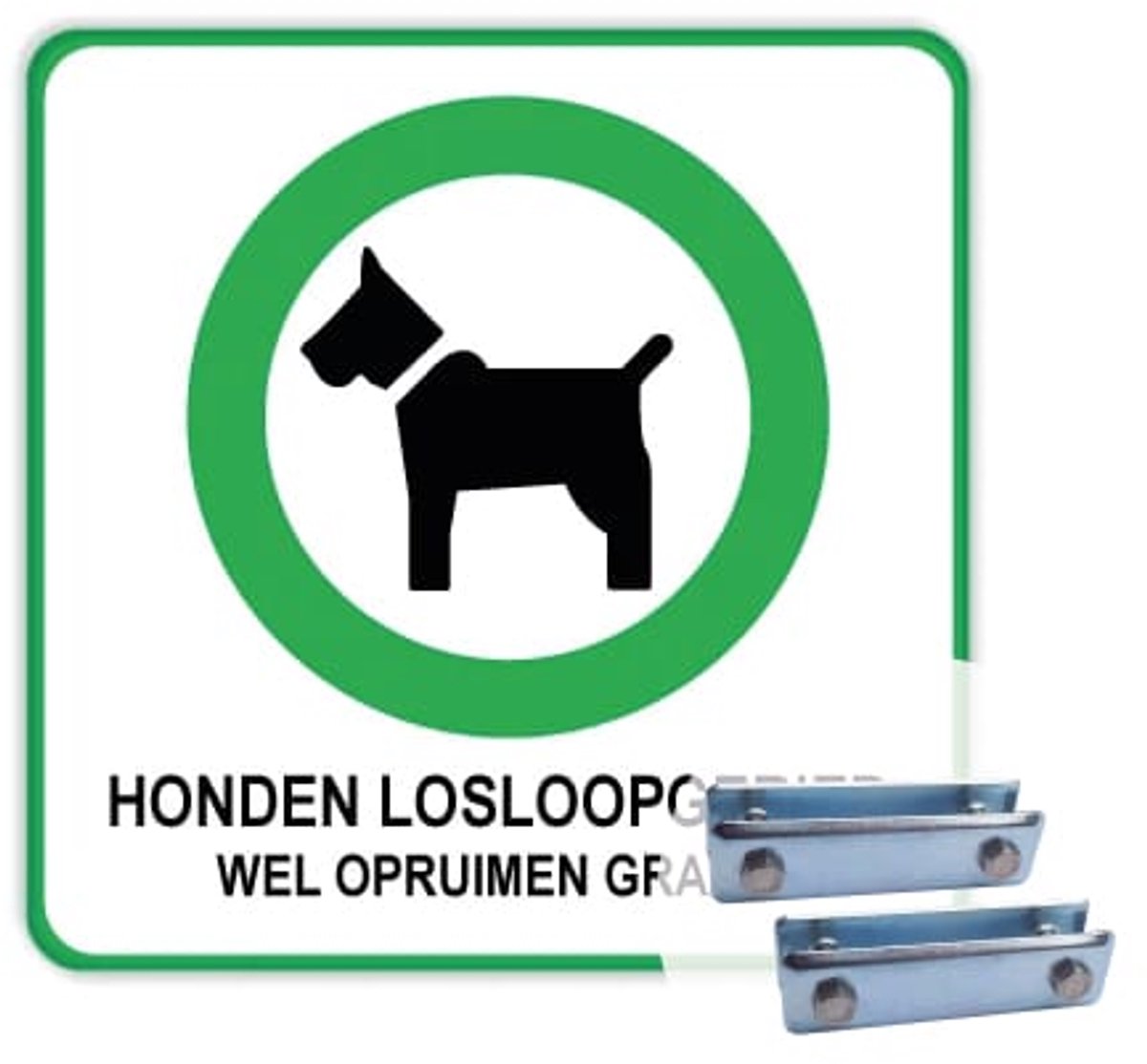 Bord honden losloopgebied 40x40 cm - Bevestiging: Met hekbeugels (voor spijlen- of gaashek)