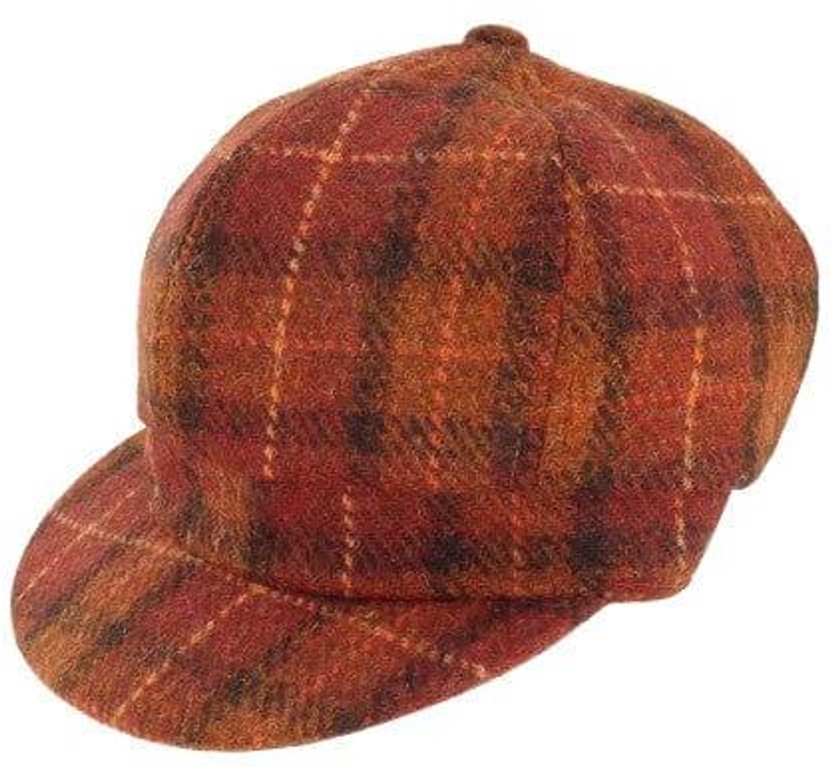 Dames Cap Roodbruin met oranje ruit - one size - Harris Tweed - Glen Appin of Scotland