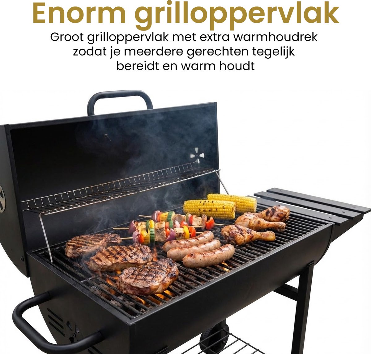 Alora Houtskool Barbecue - Inclusief Spatelset - Geïntegreerde Thermometer, Warmhoudrek, Asopvangbak & Zijtafel - BBQ op Wielen - met Deksel - Zwart – foto 4