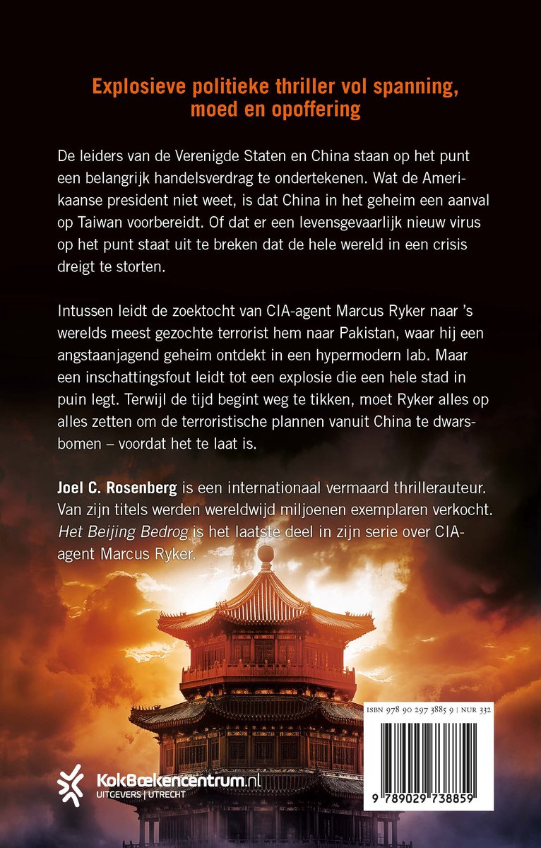Achterkant van Het Beijing Bedrog: tekst met een Chinese tempel onder een dramatische, oranje hemel.