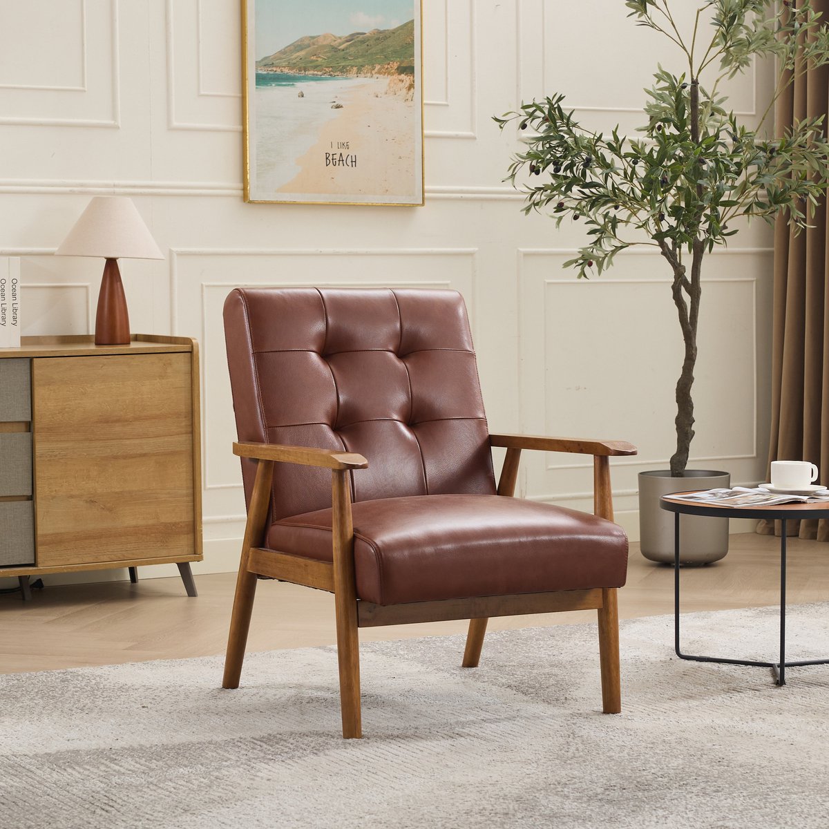 MODFU - Fauteuil - Ademend Rundleer En Houten Onderstel - Scandinavisch - Woonkamer Of Slaapkamer - Leer En Hout - Bruin