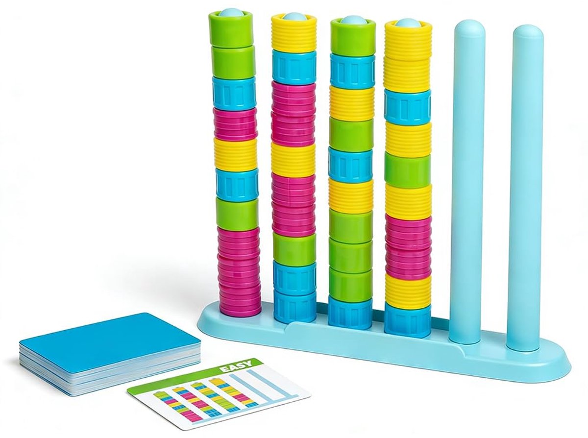 Houten kleurenmatch-uitdaging - Stapelspel voor onderweg - Kleurrijke ringen en kaarten - Snel puzzelspel voor het hele gezin, tieners en volwassenen - Leuk tafelspel
