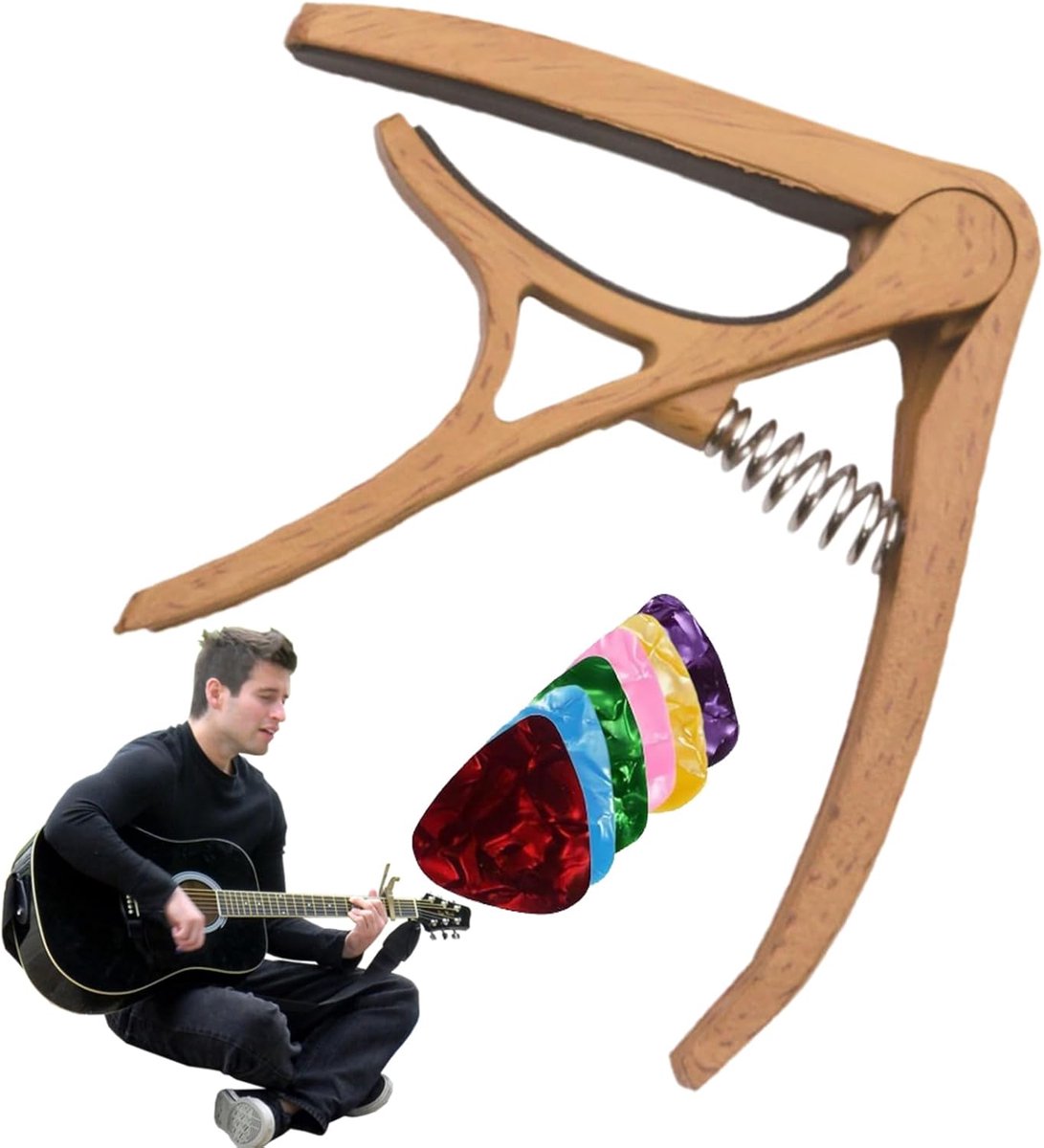 Gitaar Capo - Tuner Klem - Muziek Maken - Met Plectrums - 8x9cm - Houtskleur